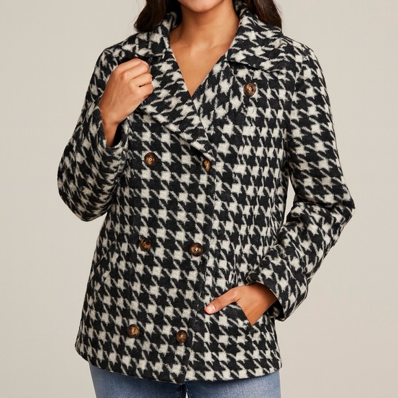 Natural Reflections Black & Ivory Houndstooth Check Fleece Knit Peacoat - Picture 1 of 11